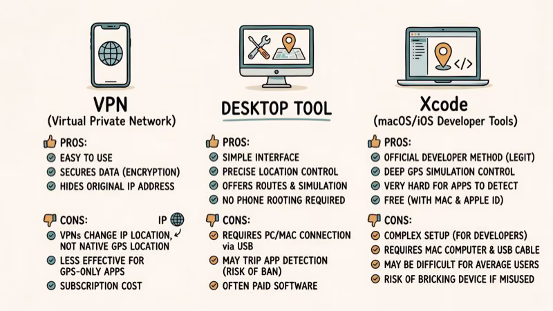 Comparison chart of iPhone location changing methods without jailbreak