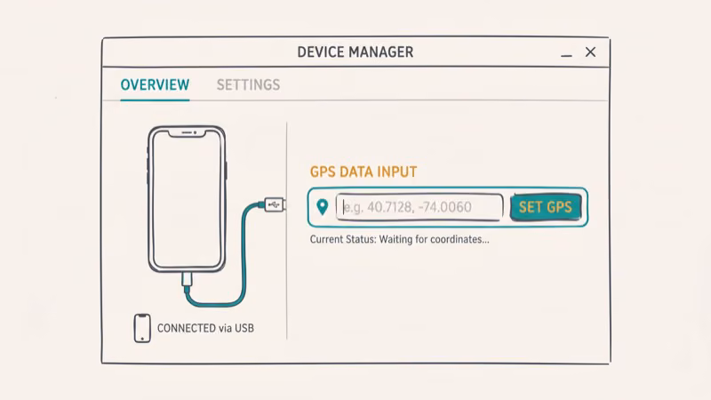 Desktop GPS spoofing tool connected to iPhone via USB cable