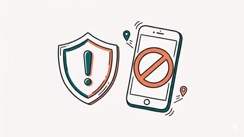 Warning shield icon next to phone showing account ban risk levels
