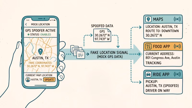 GPS spoofing app interface changing device location for Facebook