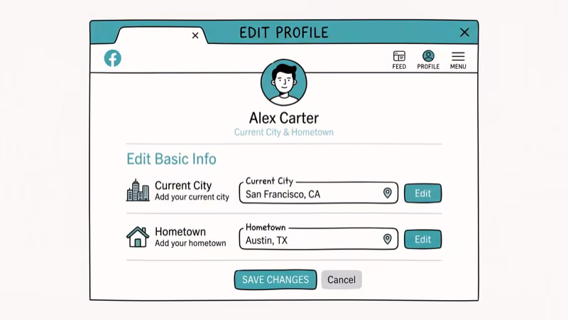 Facebook profile edit screen showing Current City field being updated to new location