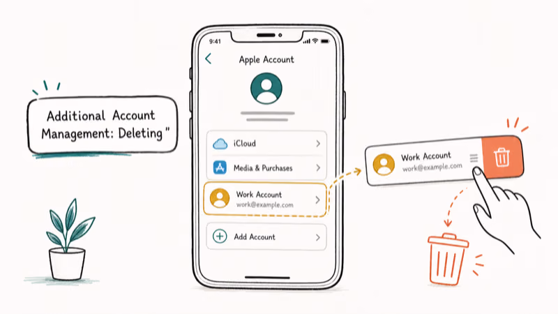Hand-drawn illustration: Additional Account Management: Deleting Other Accounts