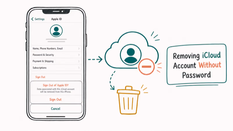 Hand-drawn illustration: Removing iCloud Account Without Password