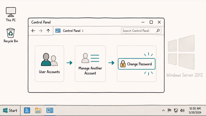 Hand-drawn Windows Server Control Panel showing the User Accounts to Manage Another Account to Change Password navigation path
