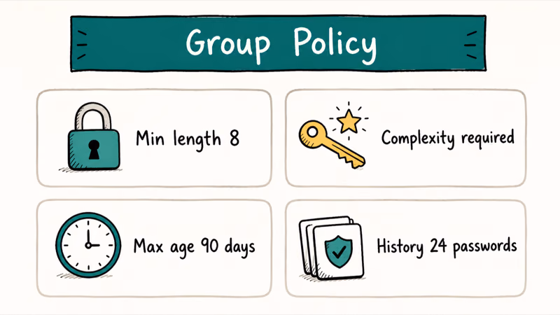 Hand-drawn two by two grid of Windows Group Policy password rules showing minimum length complexity max age and