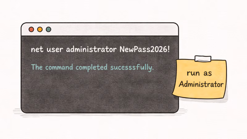 Hand-drawn Windows command prompt showing net user administrator command setting a new password with success output below
