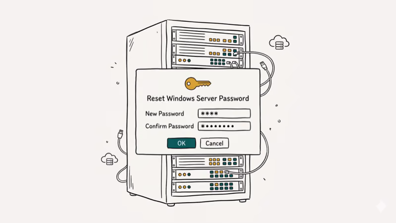 Server rack with password reset dialog and security key icon