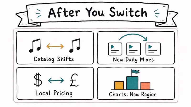 Hand-drawn 2x2 grid showing four Spotify changes after country switch including catalog mixes pricing and charts.
