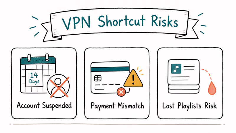Three hand-drawn warning cards on VPN risks showing account suspension payment mismatch and lost playlists.
