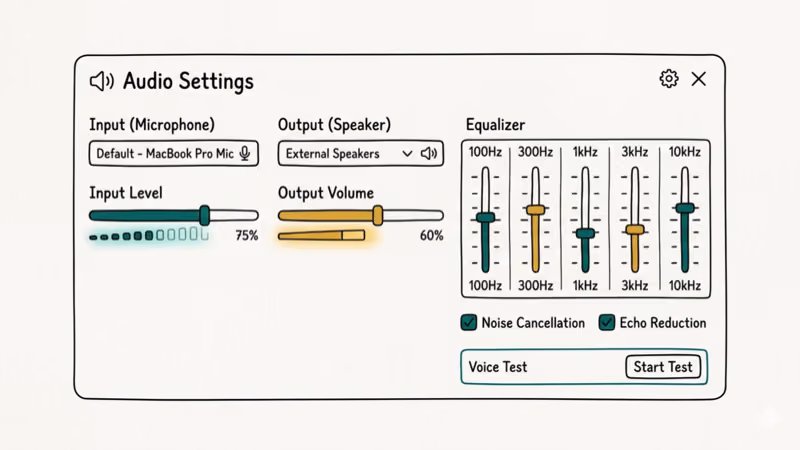 Audio settings panel with equalizer and microphone input options