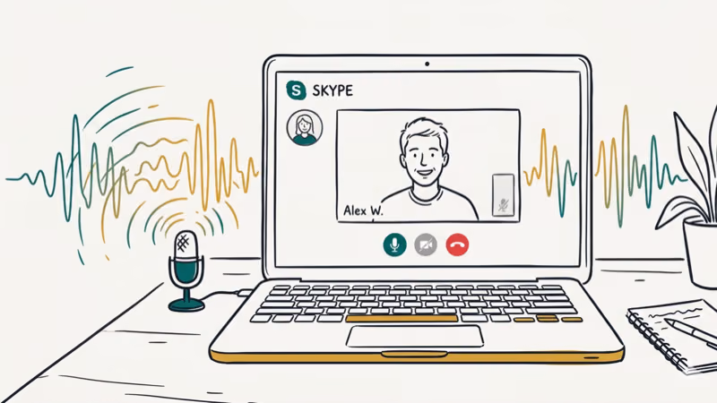 Laptop with Skype interface showing voice changer microphone setup