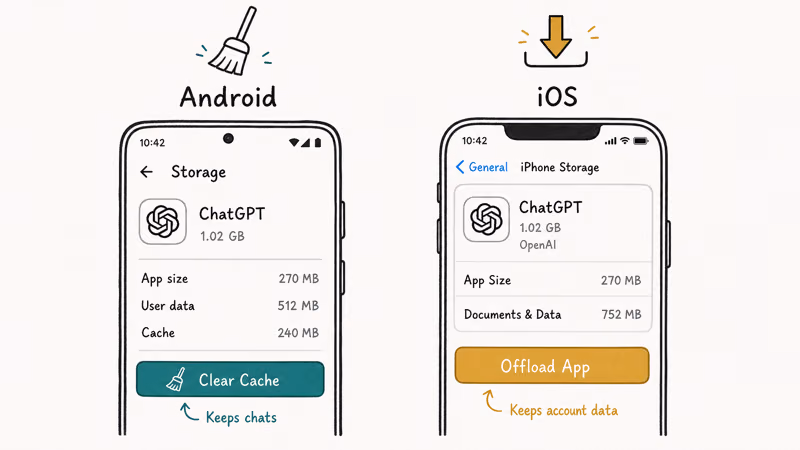 Android clear cache and iOS offload app steps to fix ChatGPT Voice Mode freezes