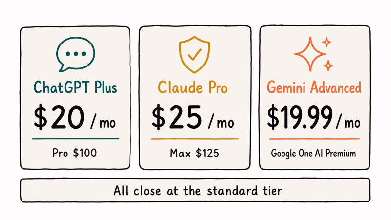 Three pricing cards comparing ChatGPT, Claude, and Gemini standard monthly paid plans