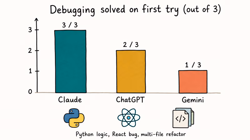 Bar chart of debugging tests with Claude three, ChatGPT two, and Gemini one solved