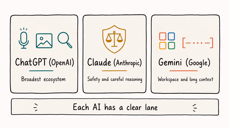 Three hand drawn cards comparing ChatGPT, Claude, and Gemini and their core strengths