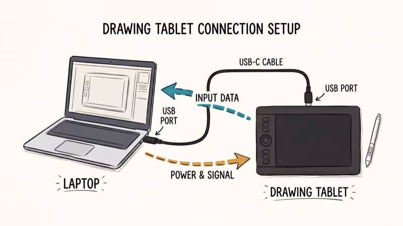 Drawing tablet connected to laptop with USB and display cables