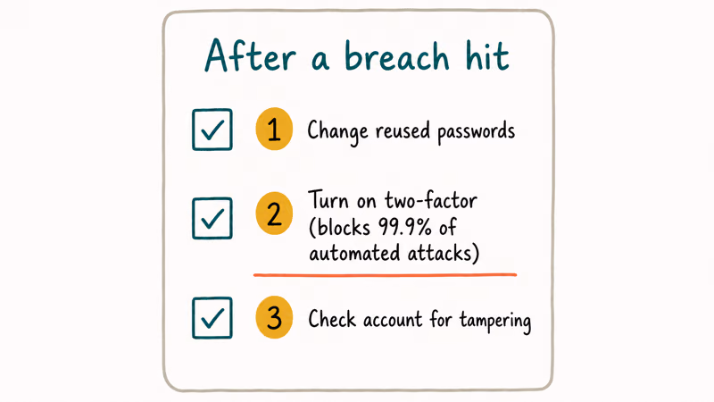 Action checklist after a breach hit change passwords enable two-factor and check for tampering