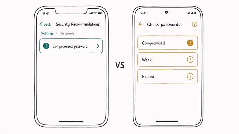 iPhone Security Recommendations beside Google Password Manager both flagging compromised saved passwords