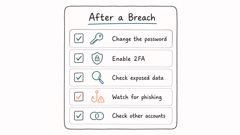 Checklist of post-breach steps: change password, enable two-factor authentication, freeze credit, watch phishing