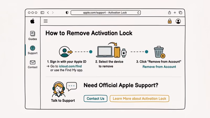 Apple Support website showing iCloud Activation Lock removal request form