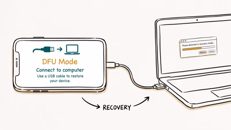 iPhone connected to Mac in DFU mode for checkm8 jailbreak setup