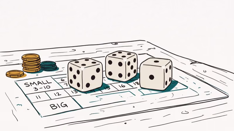 Three dice under a shaker cup on a Sic Bo casino betting table layout