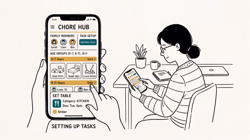 Parent setting up chore assignments and rewards in family app