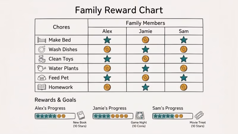 Kids chores app showing star and coin reward system with earnings progress bar