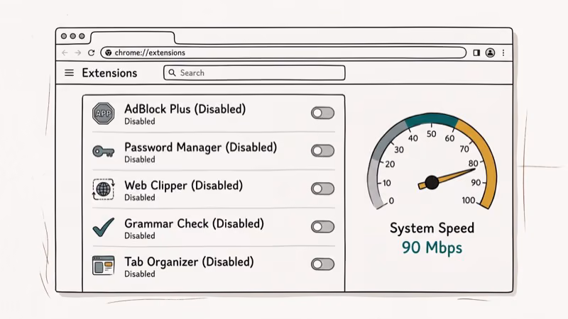Chrome extensions management page with toggle switches for each addon