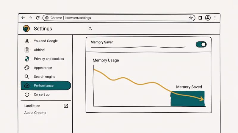 Chrome Settings Performance tab showing Memory Saver toggle enabled on Windows