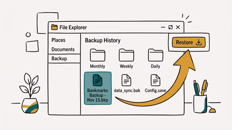 Chrome user data folder showing Bookmarks and Bookmarks.bak files for restoration