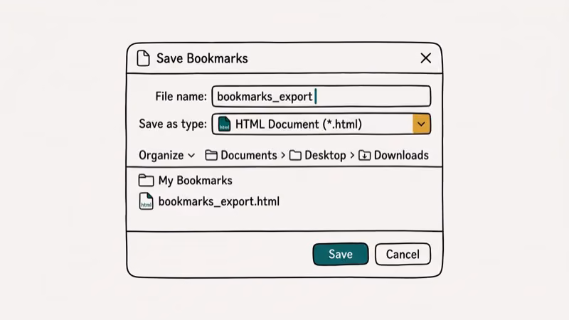 Chrome bookmark manager showing export to HTML file option