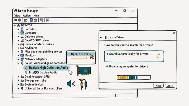 Windows Device Manager showing audio device right-click menu with Update Driver option