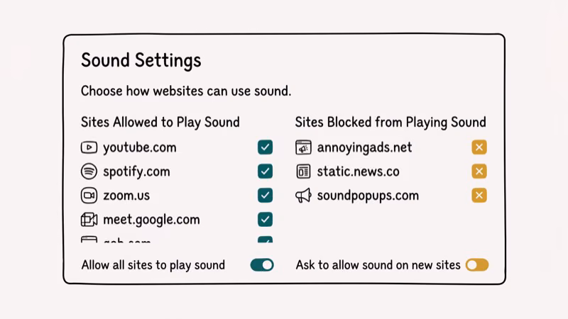 Chrome site settings showing audio permission controls for websites