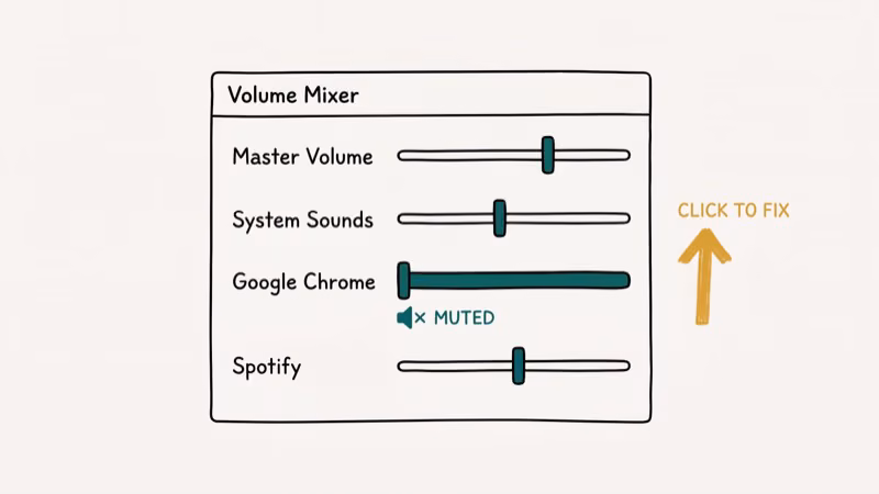 Windows Volume Mixer showing Chrome audio slider unmuted and set to full volume