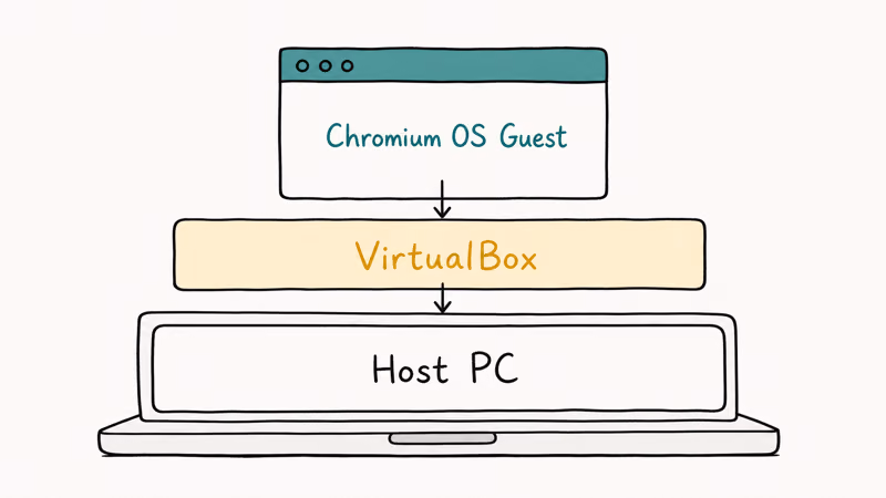 Layered diagram of host laptop running Chromium OS guest through VirtualBox hypervisor