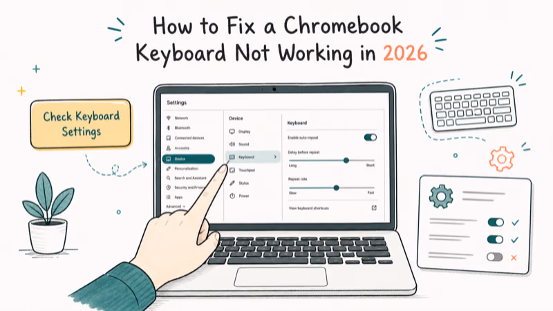 Hand-drawn illustration: Check Keyboard Settings