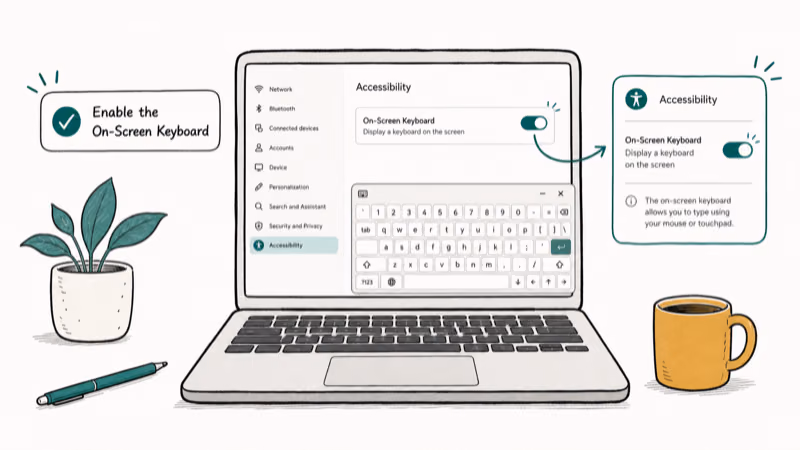 Hand-drawn illustration: Enable the On-Screen Keyboard