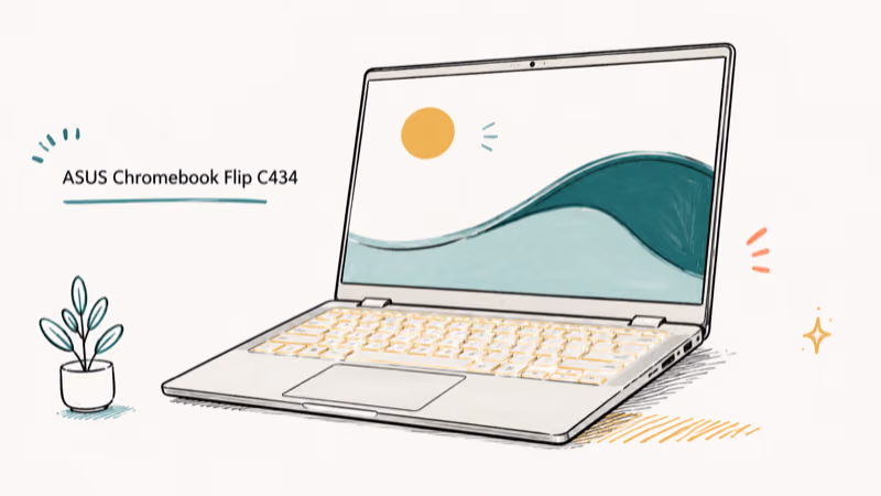 Hand-drawn illustration of ASUS Chromebook Flip C434
