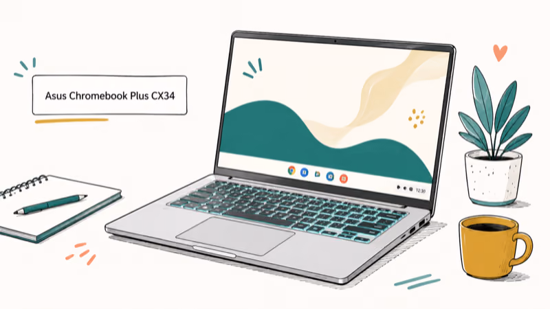 Hand-drawn illustration of Asus Chromebook Plus CX34