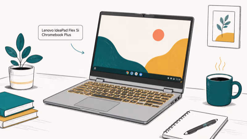 Hand-drawn illustration of Lenovo IdeaPad Flex 5i Chromebook Plus
