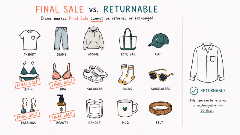 Cider final-sale categories swimwear, intimates, earrings, and beauty marked non-returnable
