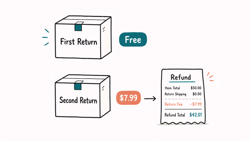 Cider return fee structure showing first return free and second return costs 7.99 dollars