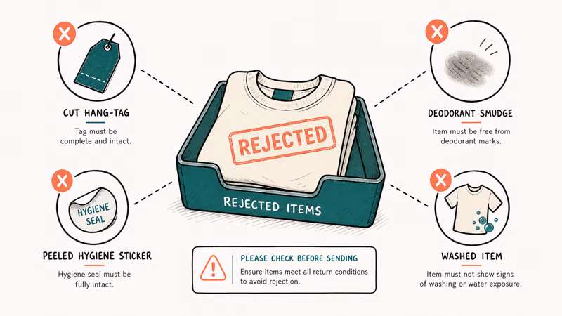 Common Cider warehouse return rejection reasons including missing tags and removed hygiene stickers
