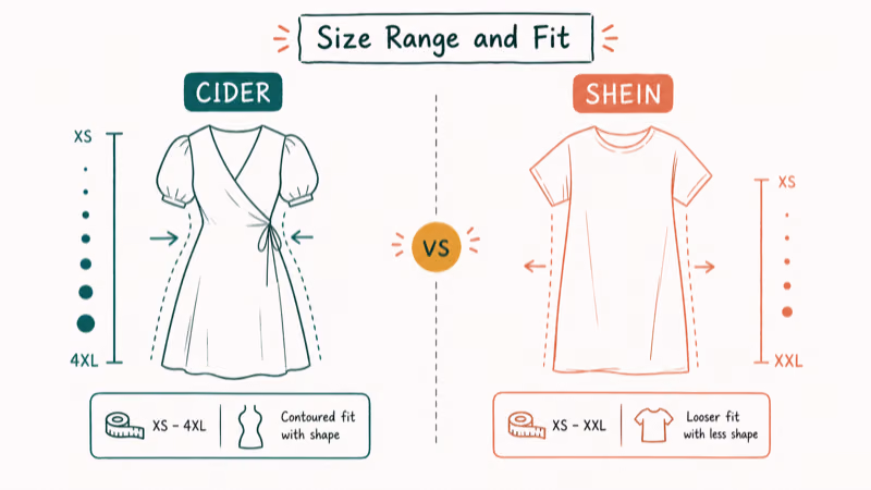 Hand-drawn illustration: Size Range and Fit