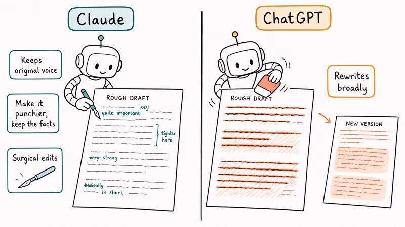 Editing comparison showing Claude preserving original voice while ChatGPT rewrites a draft more aggressively