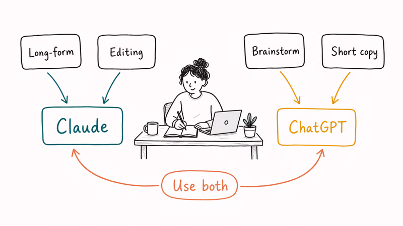 Decision guide routing writing tasks to Claude for long-form and ChatGPT for brainstorming copy