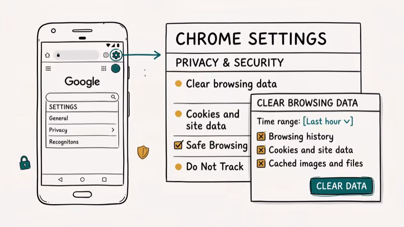 Android Chrome browser privacy settings showing clear browsing data options