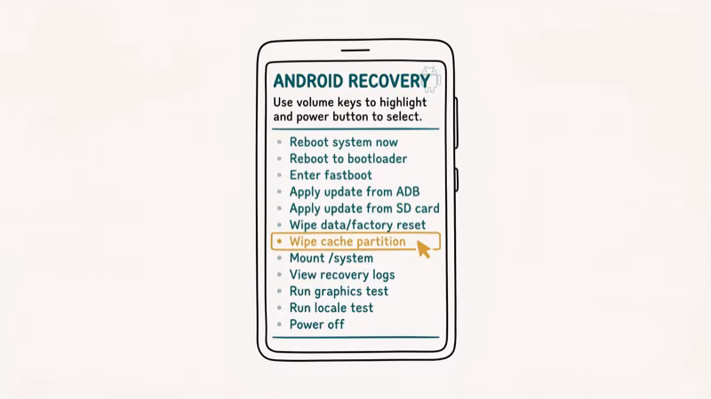 Android recovery mode screen with wipe cache partition option highlighted
