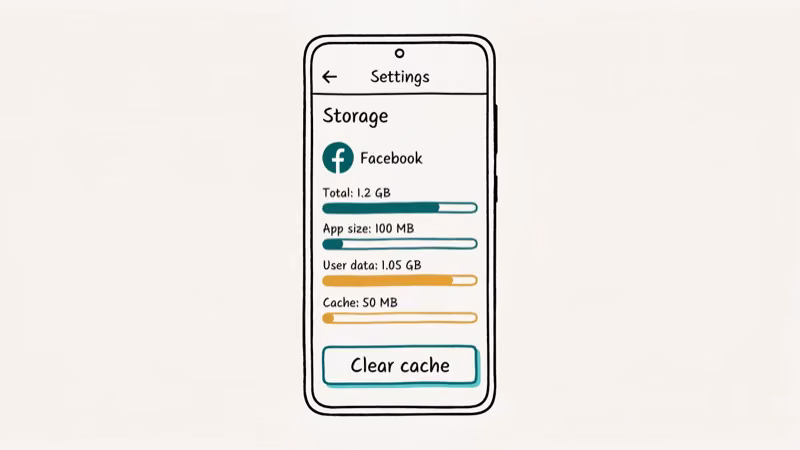 Android Settings showing Facebook app storage and clear cache option